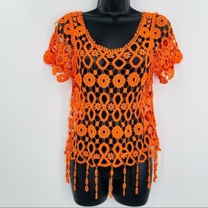 Trucci Floral lace crochet‎ top boho hippie festival orange women's size Small